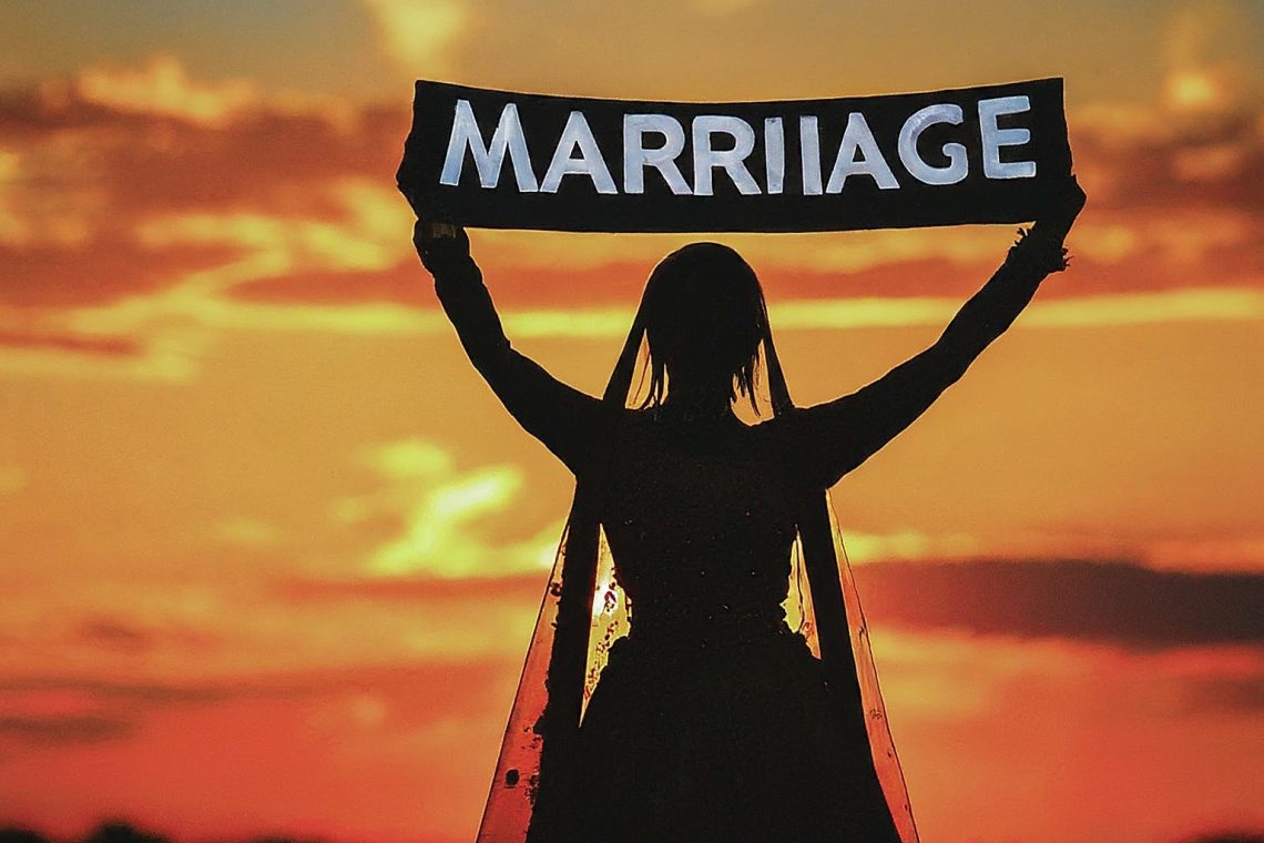 Girl holding marriage banner