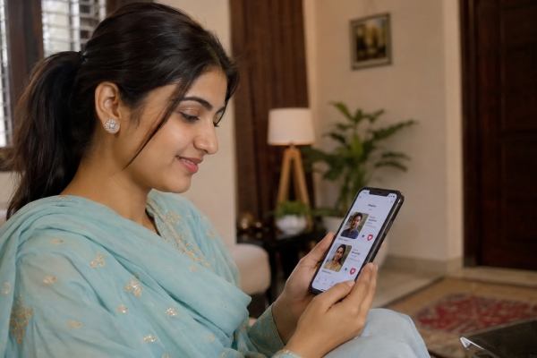 punjabi girl looking matrimonial partner in smartphone