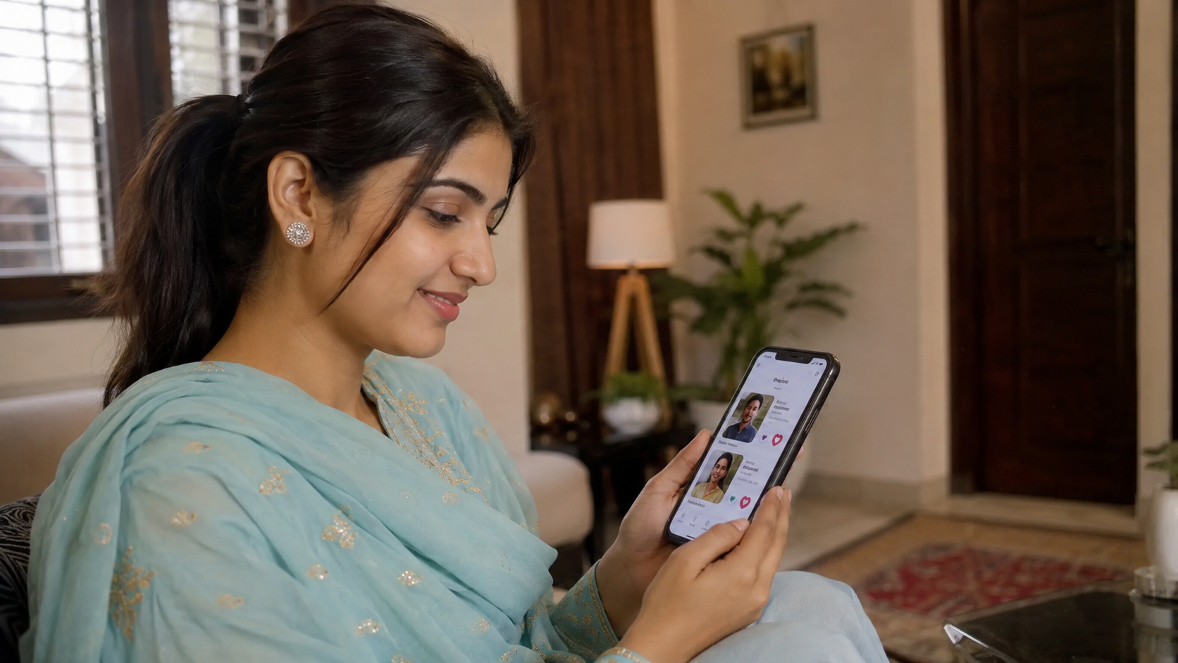 punjabi girl looking matrimonial partner in smartphone